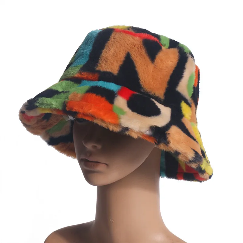 

New Colorful Lattice Velvet Panama Women Digital Printing Rabbit Hair Bucket Hat Female Versatile Fashion Trend Outing Basin Cap