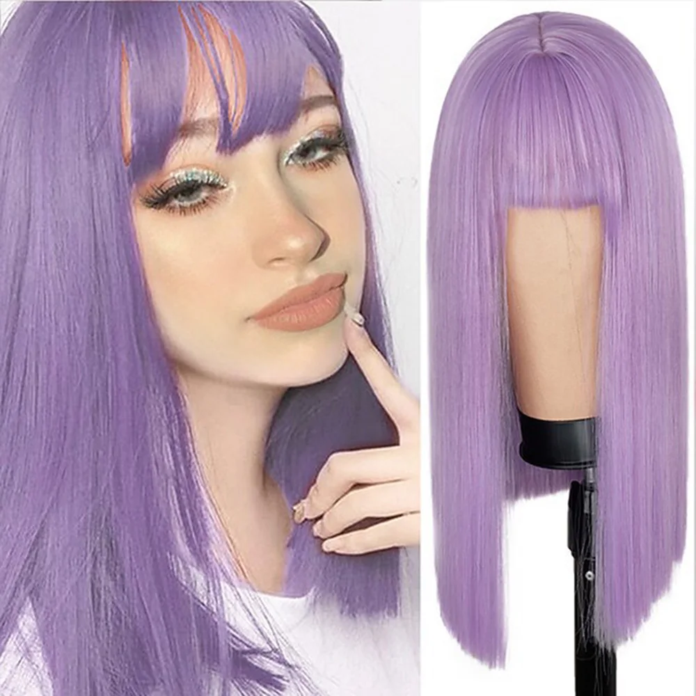 

Taro light purple Color short straight Bob Synthetic Hair lace Wig for Women With Side Bangs Neat Bangs Costume Wigs
