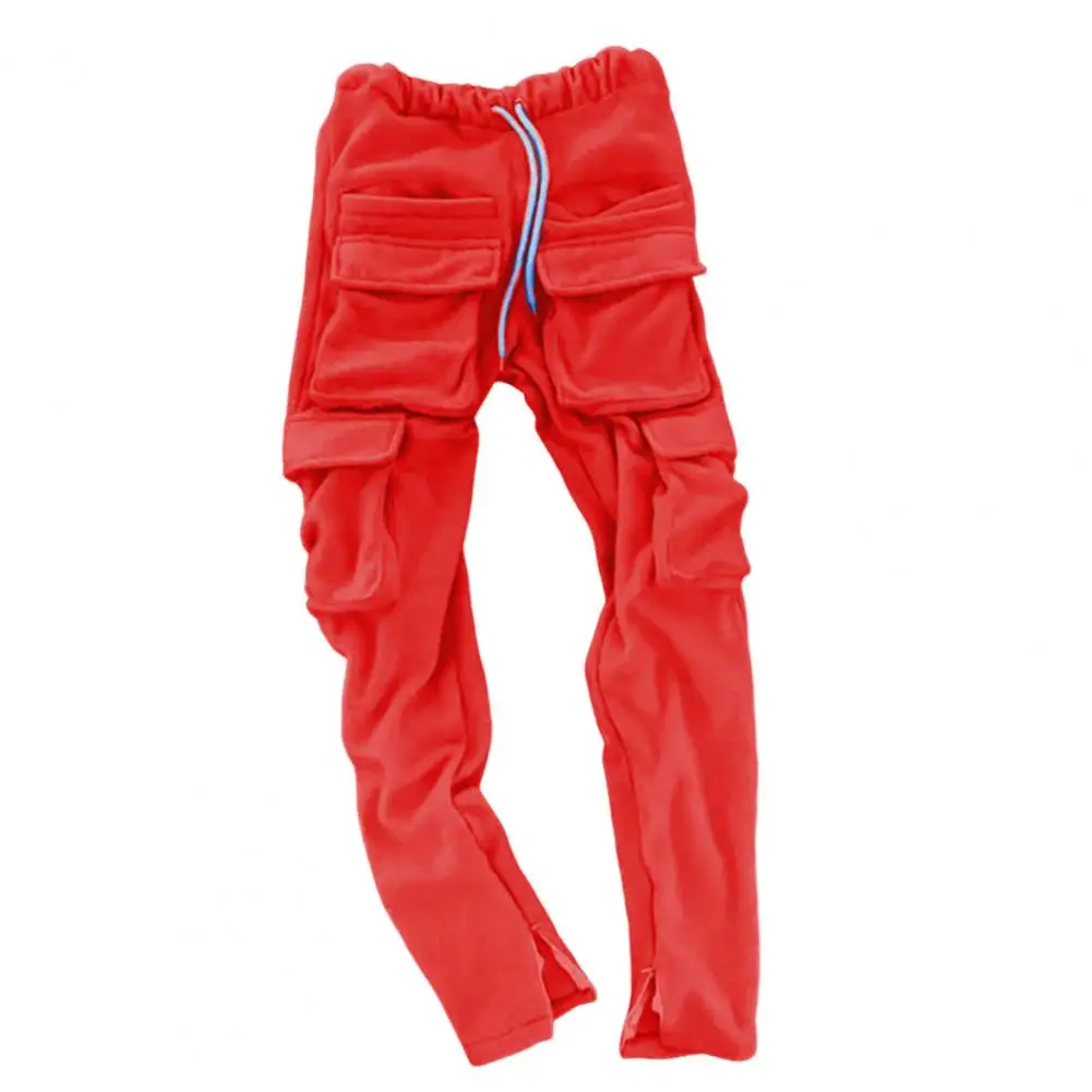 

Streetwear Men's Cargo Pants Solid Color Elastic Waist Drawstring Windproof Autumn Winter Thicken Split Sweatpants for School