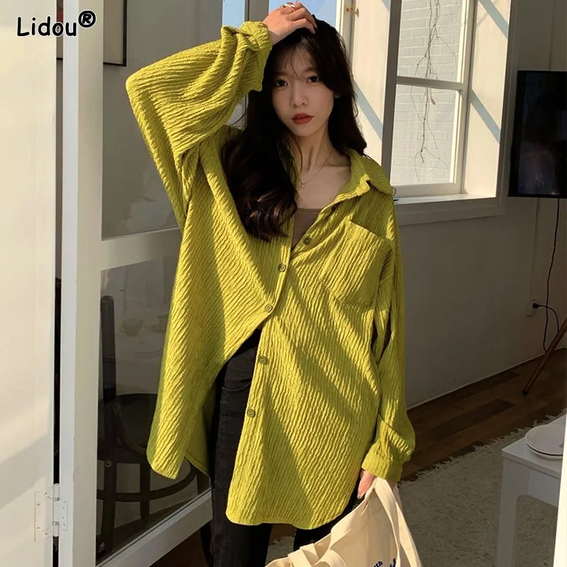 Long Korean Streetwear Solid Simplicity Loose Blouses Button Spring Summer Thin Turn-down Collar Pockets Casual Women's Clothing