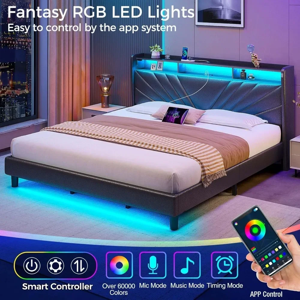 King Size Bed Frame, Storage Headboard with Charging Station and LED Lights, Upholstered Bed with Heavy Duty Wood Slats 4
