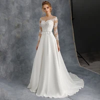 A-Line 3/4 Sleeve Wedding Dresses 2022  Robe De Mariee Custom Made Sheer O-Neck Lace Appliques vestido de nov Chiffon Long Civil 1