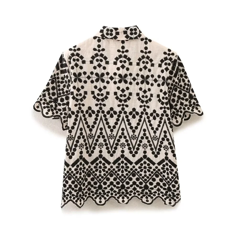 Taop&Za's 2024 Summer New Women's Fashion Casual Color Contrast Loose Embroidered Short sleeved Shirt High Waist Shorts Set