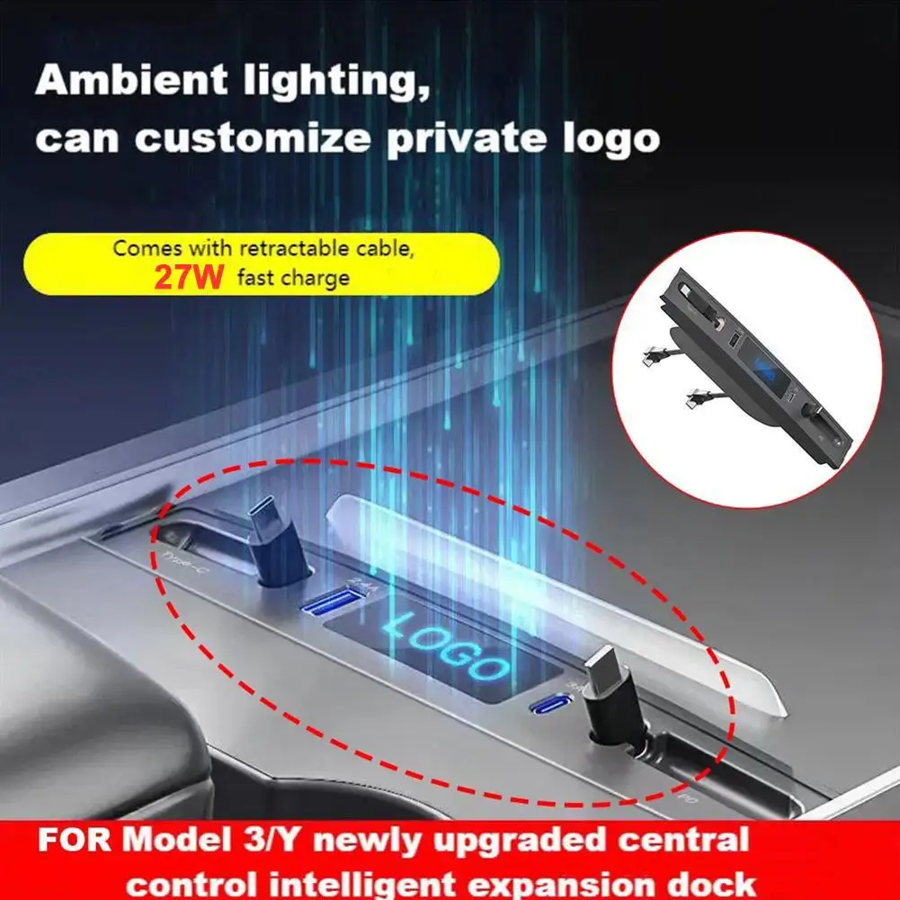 

For Tesla Model 3 Y 27W Quick Charger LED Intelligent Station Shunt Docking Hub Charger 4 Ports Extension Powered Splitter Y0R7