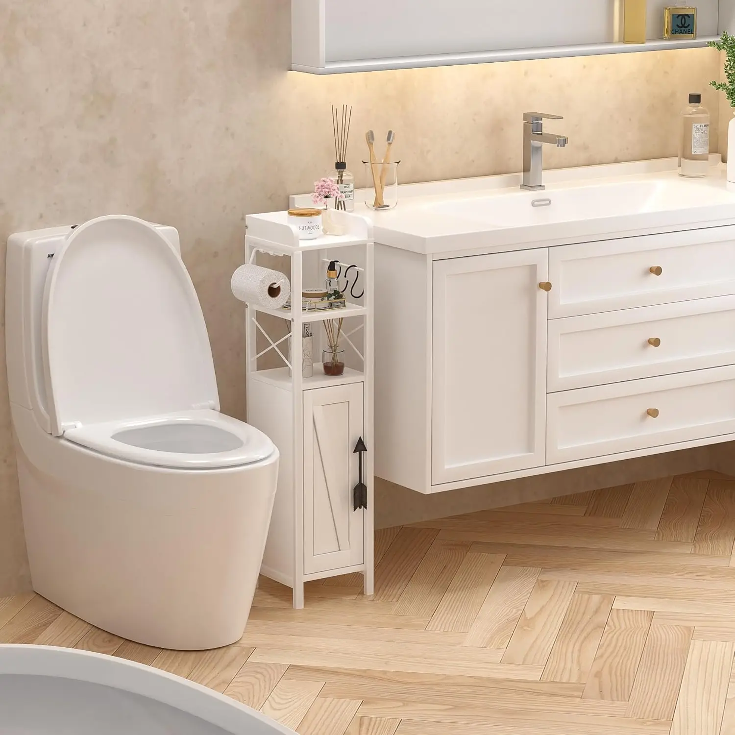 Slim Toilet Paper Holder, Small Cabinet with Door & 2 Shelves Fenced Top, Bathroom Narrow Storage Organizer for Restroom