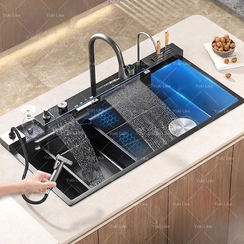 Stainless Steel Waterfall Kitchen Sink With Knife Holder Embossed Extra Large Single Slot Digital Display Faucet Set
