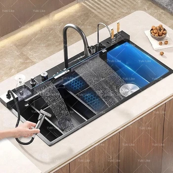 Lavello da cucina a cascata in acciaio inossidabile 100x50 cm con portacoltelli Display digitale Set di rubinetti in rilievo Extra Large Single Slot 1