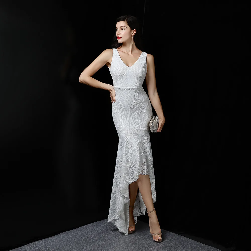 Women's  V Neck Sequins Tank Asmmetrical Mermaid  Evening Dress