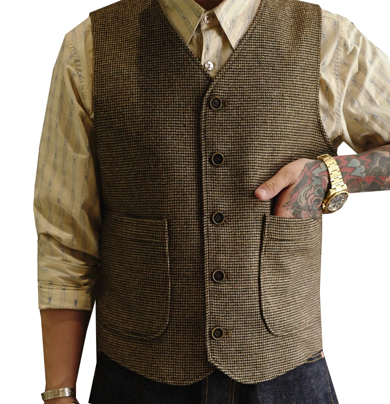 2024 Men's Vest Classic Steampunk Suit Wool Tweed Notch Lapel Waistcoat Thick Tweed Coffee Thousand Bird Grid Coat For Wedding