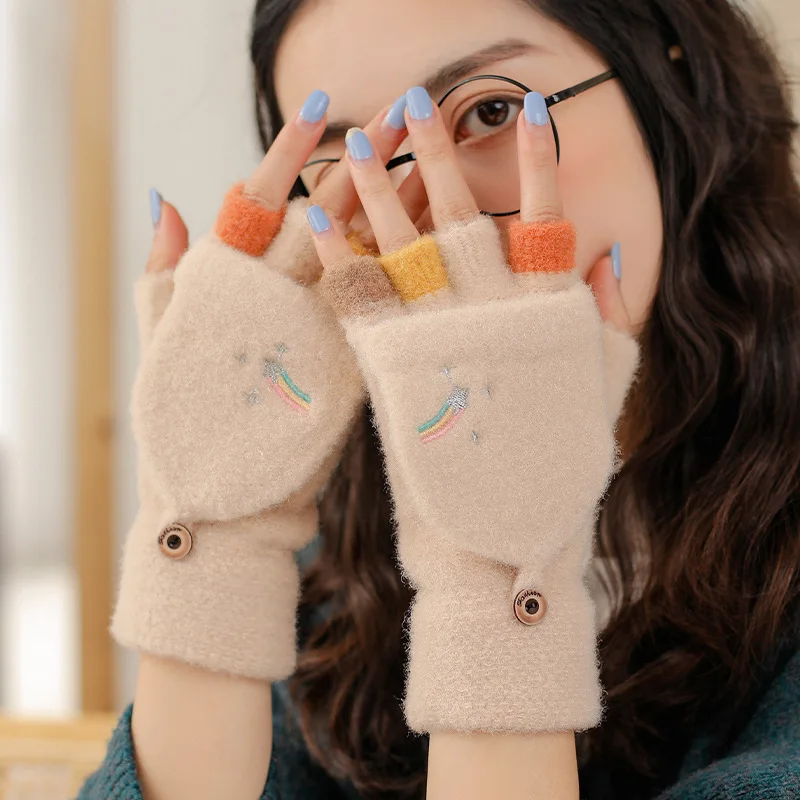 

KayCrowne New Cute Flip Cove Fingerless Gloves for Women Elegant Winter Warm Young Student Writing Thicken Acrylic Knitted Glove