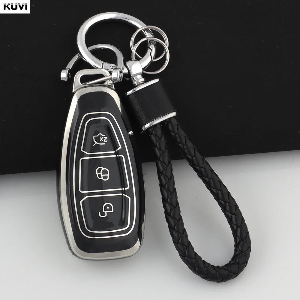 KUNIO Custodia per chiave auto adatta per Ford Focus Mondeo MK5 S-max Kuga Puma Fiesta Escort Explorer Keyless Protezione in metallo 3 tasti portachiavi B nero