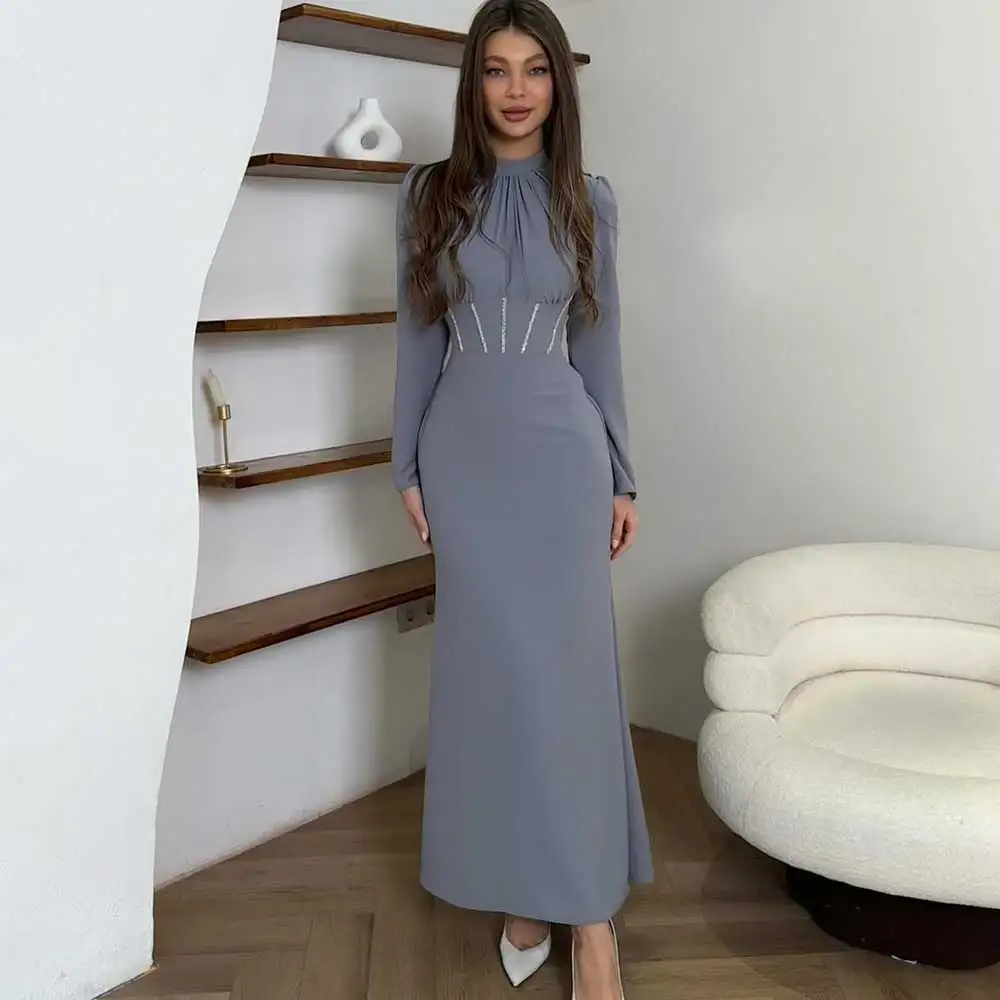 

Simple Jersey Sheath Prom Dress Solid Color Crew-Neck Long Sleeves Draped Applique Women's Slim Fit Ankle-Length Party Gown