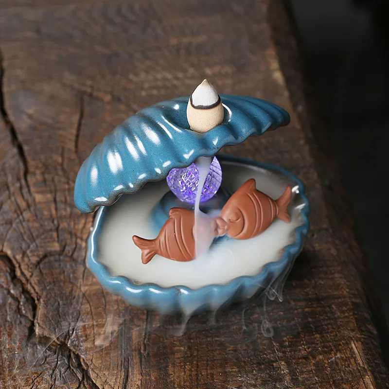 1pc Blue Shell Pearl Incense Burner Home Decor for Living Room Pearl in Shell with LED Light Desktop Mermaid Incense Burner