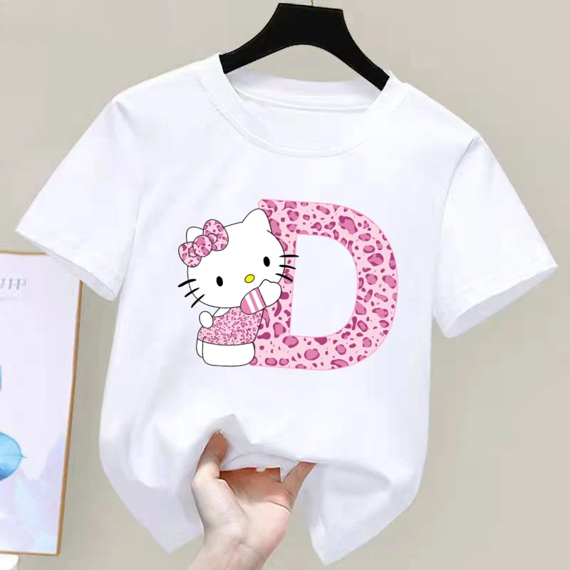 Hello Kitty Letter A-Z Children's Cotton Short-sleeved Top Sanrio Summer T-shirt Girly Heart Soft Clothes Kawaii Birthday Gift 4