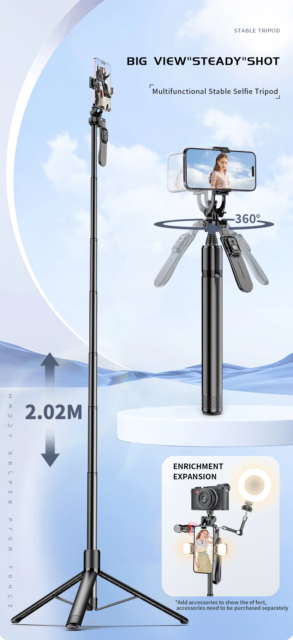 Description Picture 2 of item2020mm Selfie Stick Tripod Stand Wireless Selfie Stick Tripod with Remote with 1/4 Screw 1/4 Nut Portable Tripod for Phone Light