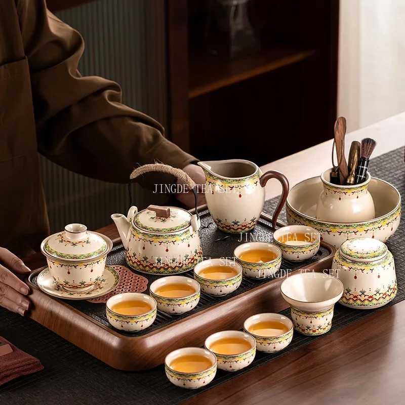 Dunhuang Rice Yellow Ru Kiln Tea Set High End Ceramic Kung Fu Tea Pot and Teacup for Household Use Chinese Tea Set Accessories