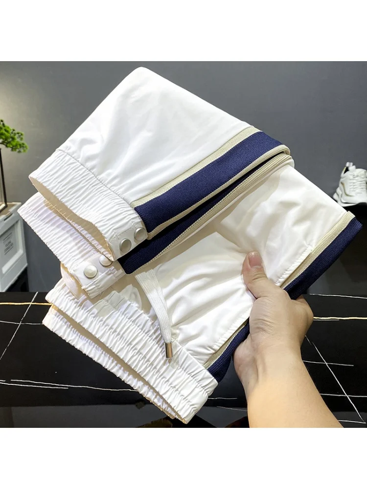 White Ice Silk Thin Casual Pants Men's Summer Slim Fit and Quick-Drying Sports Transparent Loose Tappered Cropped Pants