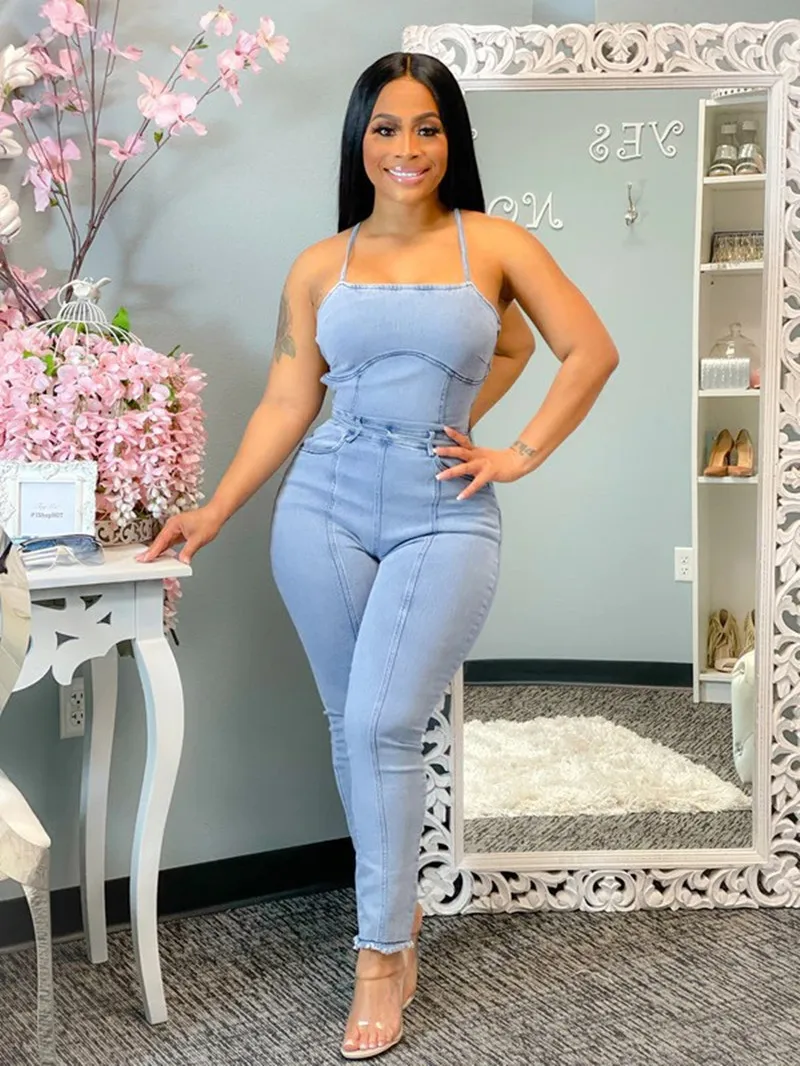 Women Summer Sexy Sleeveless Backless Jumpsuit Casual Fashion Ladies Slim Bandage Denim Jumpsuit hot selling sexy neck hanging print sleeveless backless and graceful girls jumpsuit shorts in stock