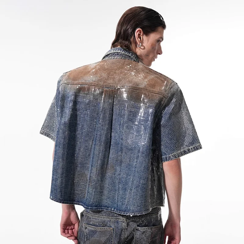 LUZHEN 2025 Summer Original Color Contrast Printed Shoulder Pad Denim Jacket Men's Stylish High Street Short Sleeve Coat JY1140 4