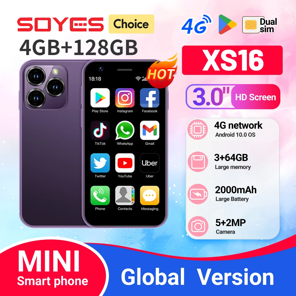 

SOYES XS16 Mini 4G LTE Android10.0 Smartphone 3GB RAM 64GB ROM 3" Display 5MP Camera Dual SIM With Play Store WhatsAPP
