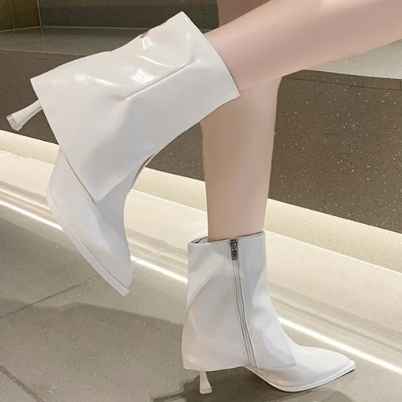 

Женские ботинки с закругленными краями, однотонные ботинки с острым носком, на молнии, на высоком каблуке, модная зимняя обувь, 2023