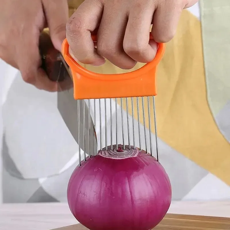 1pc Onion Slicer Kitchen stainless steel potato chip onion holder for chopping Vegetable Slicer