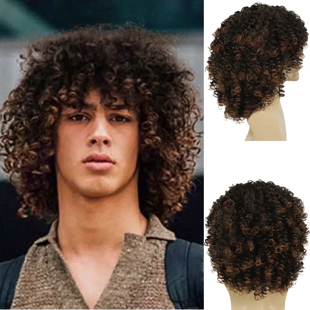 

GNIMEGIL Synthetic Afro Kinky Curly Wig with Bangs for Black Men Natural Layered Wig Ombre Brown Hair Short Male Wig Halloween