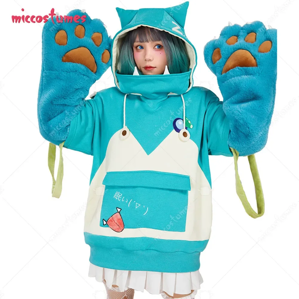

Miccostumes PM Derivative Pullover Hoodie with Detachable Bag Design Furry Paw Gloves Kawaii Blue White Hooded Sweatshirt