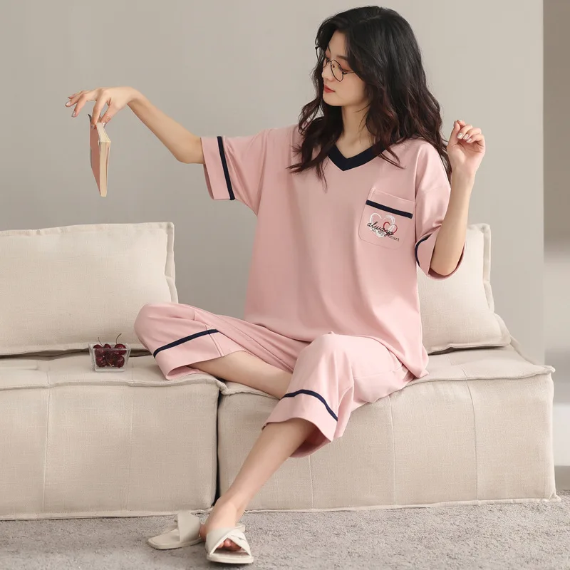 Summer new Women Pyjamas cotton Pajamas Sets Sleepwear Casual Nightwear Pijama Mujer Shorts sleeve M-2XL home clothes set