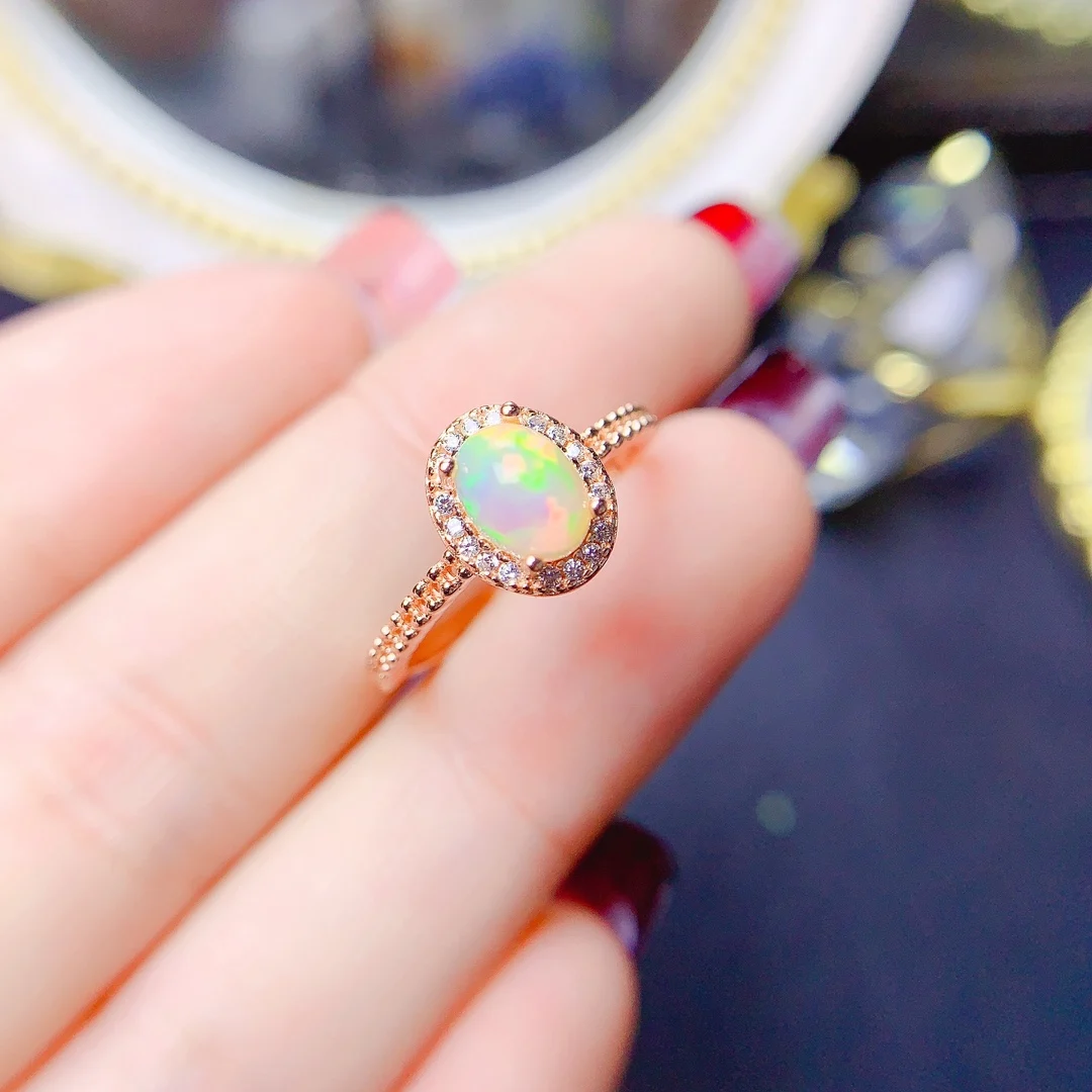 

Natural Opal Ring, 925 Silver Certified, Burst Flash Fire Color, 5x7mm gemstone, Girl's holiday Gift, Free product shipping