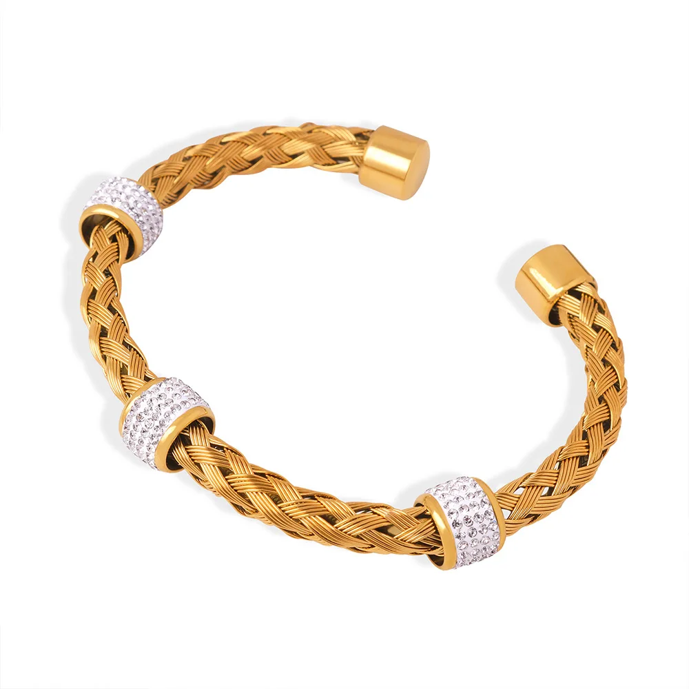 StainlessSteelGoldPlatedOpenBraceletforWomenLuxuryWoven