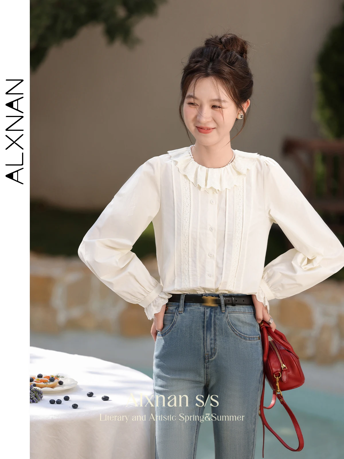 ALXNAN 여성용 캐주얼 루즈 단추 업 코튼 셔츠, 단색 단추 업 긴팔 블라우..