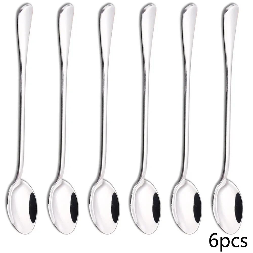 6PCS Long-handled spoon, thickened stainless steel coffee spoon, pointed stirring spoon, round-tipped spoon, ice spoon 1
