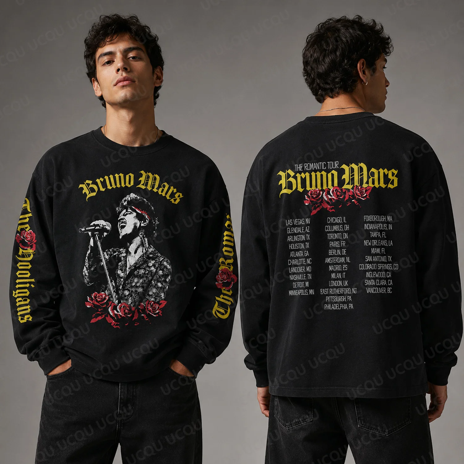2026 Neu The Romantic Tour Bruno Mars Inspiriertes Sweatshirt Schwarzer Rosen-Print Musik-Fan Pullover für Erwachsene und Kinder