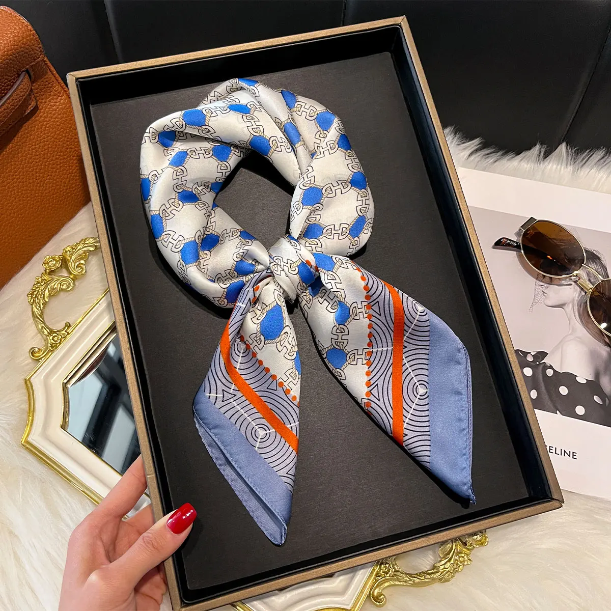 Luxury Fashion Print 70*70cm Silk Square Scarf Women Soft Satin Hairband Neckerchief Tie Female Headband Foulard Bag Ribbon