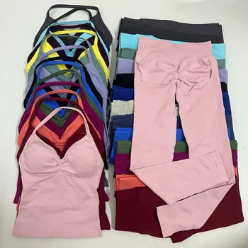 2 Pieces Set Impact Leggings Set Women Backless Tank Tops High Waist Scrunch Gym Suit Fitness Clothes Outfit Workout Yoga Set