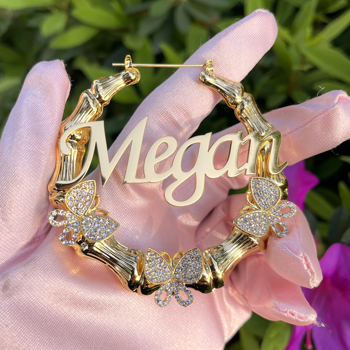 Custom 70mm Bamboo Earrings Custom Diamond Butterfly Earrings Stainless Steel Big Letter  Personalised Name Earrings Women Gift