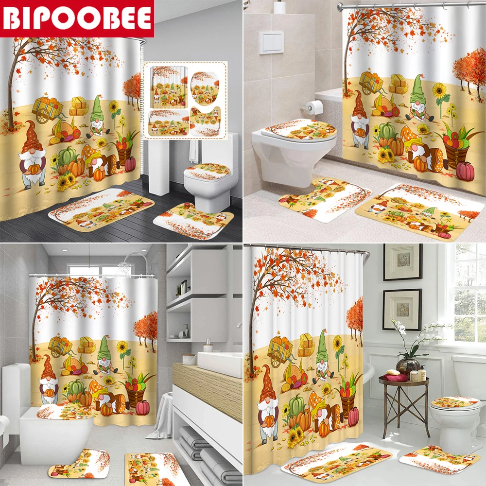 

Autumn Pumpkins Waterproof Fabric Shower Curtains Set Bathroom Curtain Gnomes Sunflower Bath Mat Toilet Lid Cover Non-Slip Rug