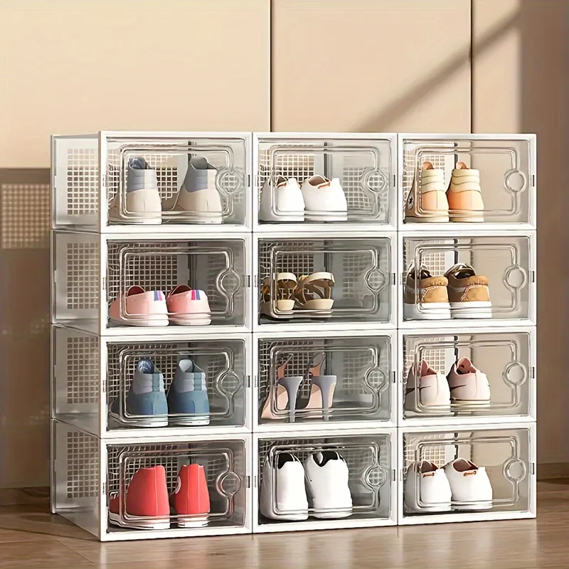 12 Pc / 24 Pc Large Capacity Modular Space-Saving Shoe Box, Transparent Plastic Stackable with Lid, Sneaker Display Box, B 3