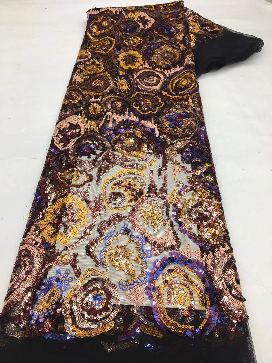 

(5yards/pc) Latest embroidered French net lace multicolored African sequins tulle lace fabric for attractive party dress FSS481