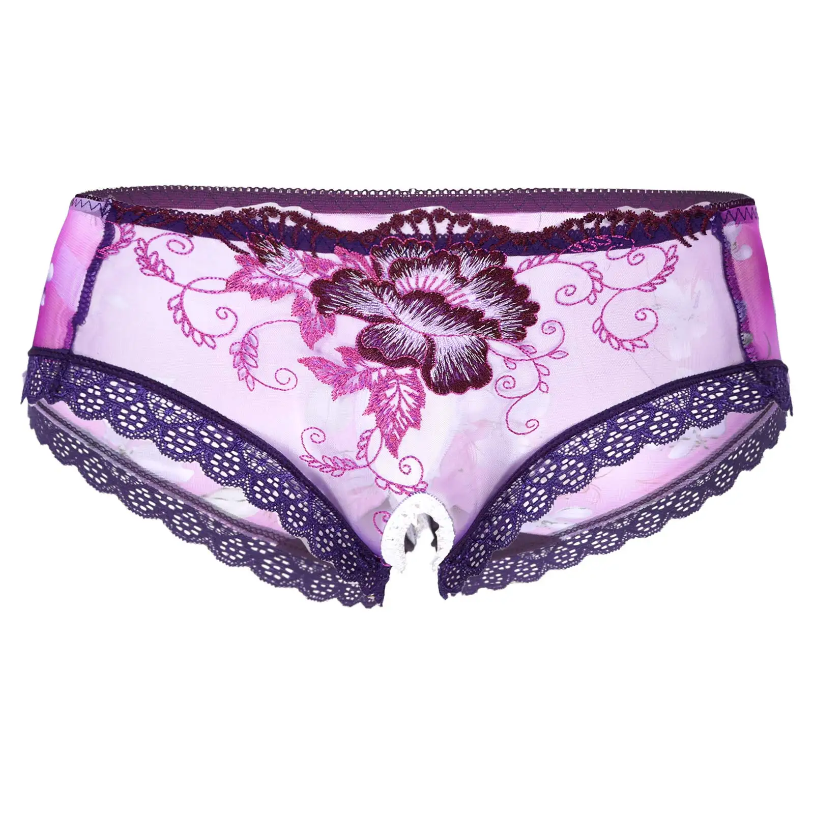 Mens Sexy Panties Bikini Briefs Floral Embroidery Sheer Mesh Underwear