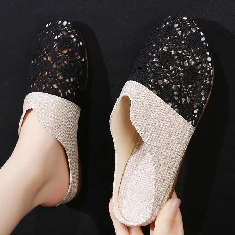 Women Flats Half slippers For Women Summer Woven Breathable Flat Bottomed Baotou Lazy Sandals