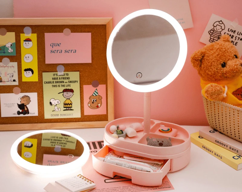 Desk Led Lighted Touch Screen Portable Mini Makeup Mirror Multi-Function Storage Makeup Box Cosmetics Rack Mirror