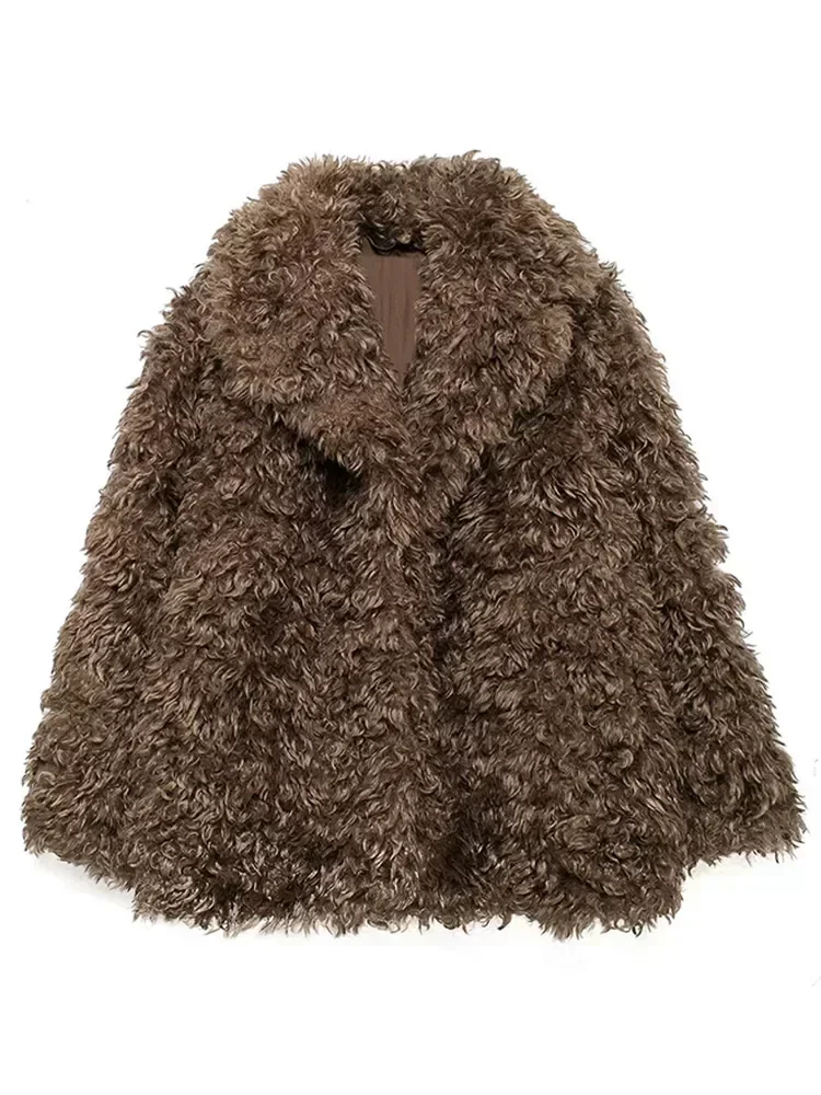 Luxurious Artificial Fluffy Faux Fur Jacket Women Elegant Lapel Long Sleeves Thick Coat Autumn Winter Warm Street Outerwear