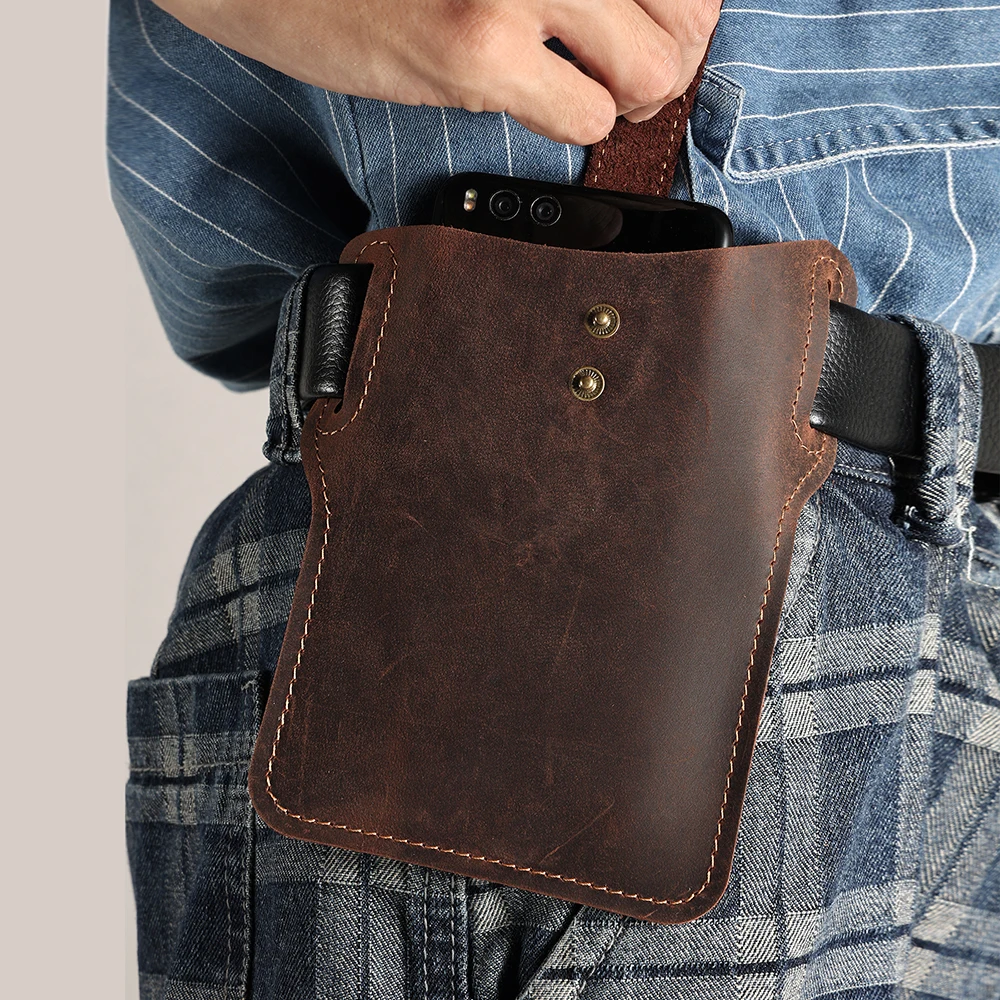 Crazy Horse Vintage Mobile Phone Waistpack Outdoor Sports Wear Belt Mobile Phone Bag Genuine Leather Men's Waistpack
