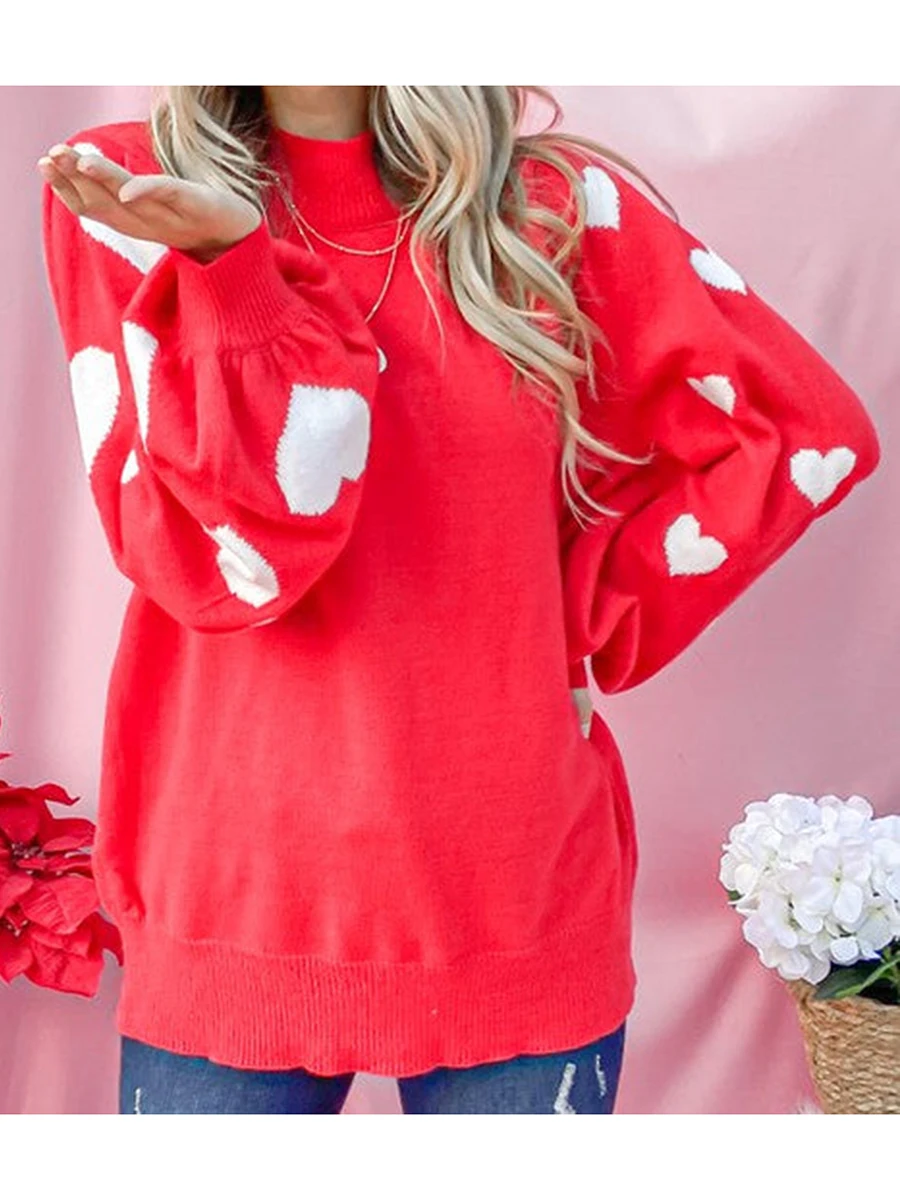 Valentine s Day Women s Heart Print Knit Sweater with Mock Neck and Long Sleeves - Cozy Pullover for Fall and Winter Casual