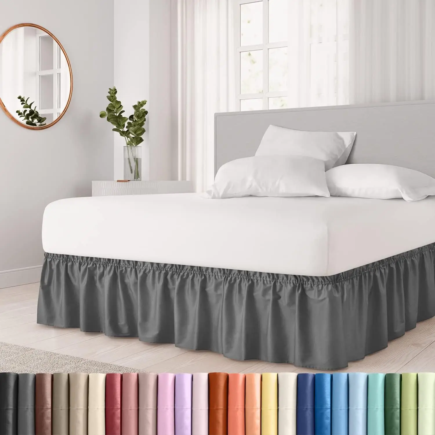 Thicken Wrap Around Dust Ruffle Bed Skirt Easy Fit Elastic Strap Pleated Premium Fabric Wrinkle Free Machine Wash bed skirt