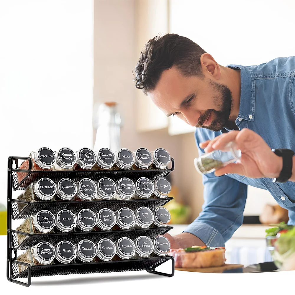 Kitchen Spice Rack 3/4 Tier Wall Mounted With Glass Jars