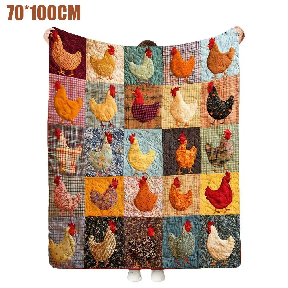 A cozy vintage farmhouse flannel blanket displaying a colorful faux-patchwork print of plaid blocks and roosters.