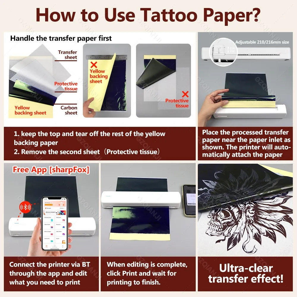 A4 Thermal PDF Word Portable Printer A4 Tattoo Photo Transfer Stencil Office Inkless Bluetooth Wireless Document Print Maker